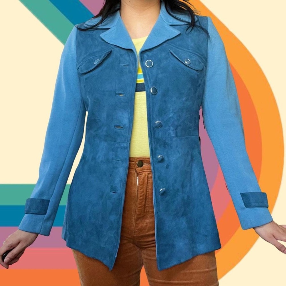 Vintage 60s blue suede and wool paneled coat